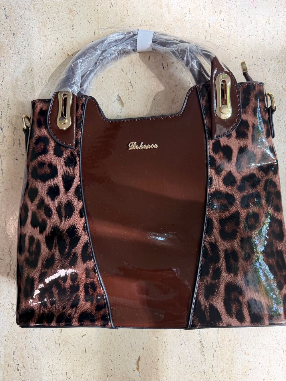 Glossy Leopard Print Crossbody/Double Handle Tote with Wallet NEW - Picture 2 of 8